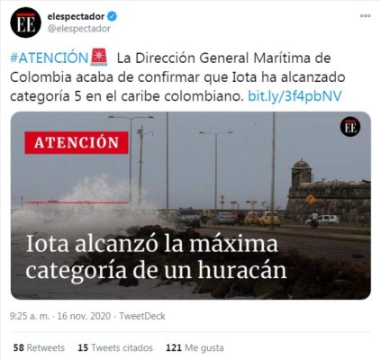 Lo que dicen los medios y en redes sobre el huracán Iota: 'Traerá vientos catastróficos”