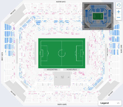 Los asientos azules son los comprados, los rosados son los reservados y los grises son los disponibles.