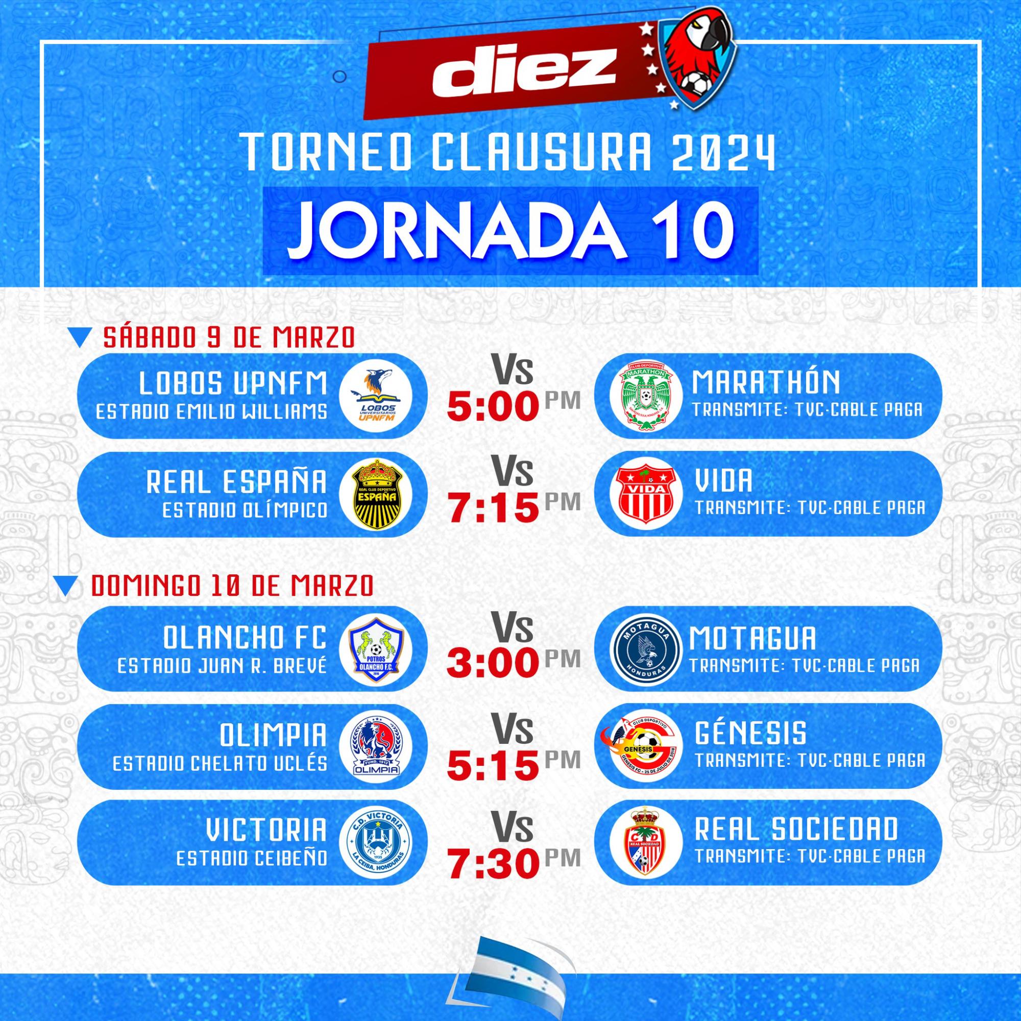 Fechas, sedes y horarios de la jornada 9 del torneo Clausura 2024 de la Liga Nacional de Honduras.