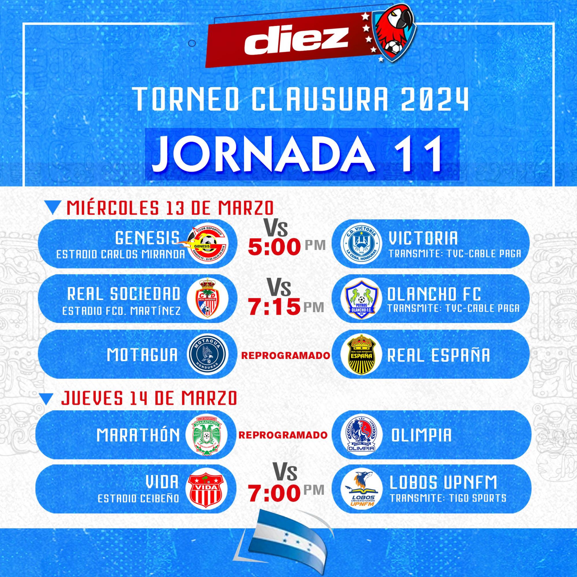 Horarios y dónde ver la jornada 11 del torneo Clausura 2024 de la Liga Nacional de Honduras.