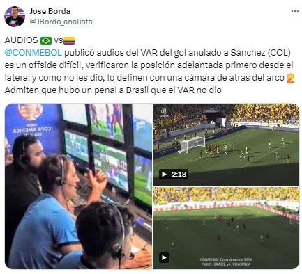 Revelan audios del VAR al polémico gol de Colombia ante Brasil y el error que admiten en la Copa América 2024