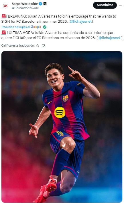 Barcelona decide echarlo del club para fichar Julián Álvarez por 140 millones: esta fue la respuesta del argentino