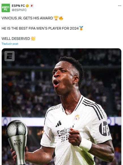 Vinicius ganó el premio The Best y la prensa reacciona: “Aquí sí asiste el Madrid; ya es mucho más grande que Neymar”