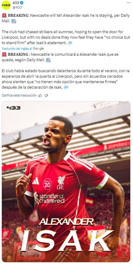 Isak recibe la respuesta que no quería y la exuberante cantidad de millones que pide Newcastle a Liverpool