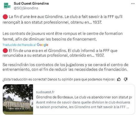 El Girondins de Burdeos desaparece como club profesional, confirman en Francia.