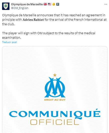 El anuncio del Marsella confirmando el principio de acuerdo con Rabiot.