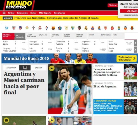 Prensa mundial cataloga de 'ridículo' derrota de Argentina ante Croacia