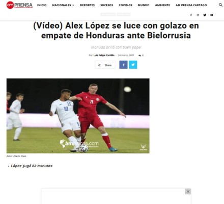 Prensa Internacional elogia a Alex López por su golazo en el empate de Honduras ante Bielorrusia