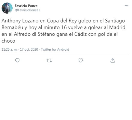 'San Choco Lozano': Lo que dicen en redes sociales tras el gol al Real Madrid con el Cádiz&nbsp;&nbsp;