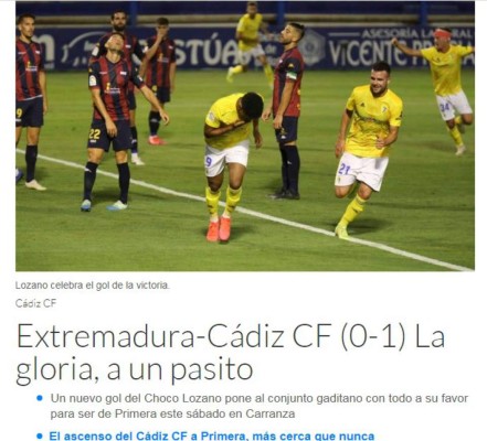 La prensa española se rinde al Choco Lozano tras su gol: 'Está dulce, acerca al Cádiz a Primera'
