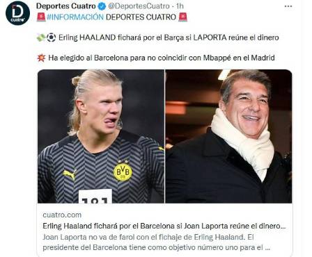 Deportes Cuatro reporta que Haaland se ha decidido por el Barcelona.