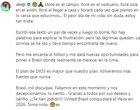 El emotivo mensaje de Vinicius Júnior en sus redes sociales.