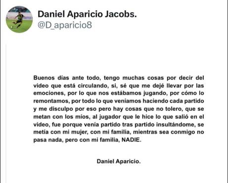 El mensaje de Daniel Aparicio en sus redes sociales.