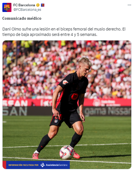 Dani Olmo estará unas 4 ó 5 semanas de baja, según el comunicado del Barcelona.