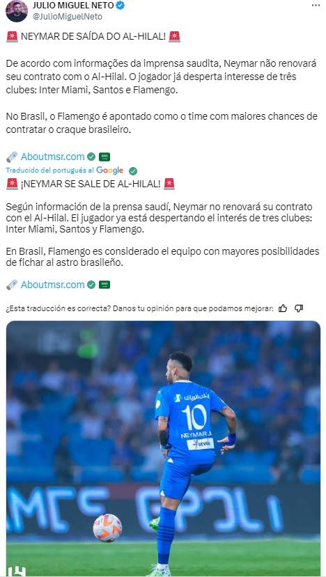 Medios árabes aseguran que Neymar jugará en Flamengo este mismo año 2025.
