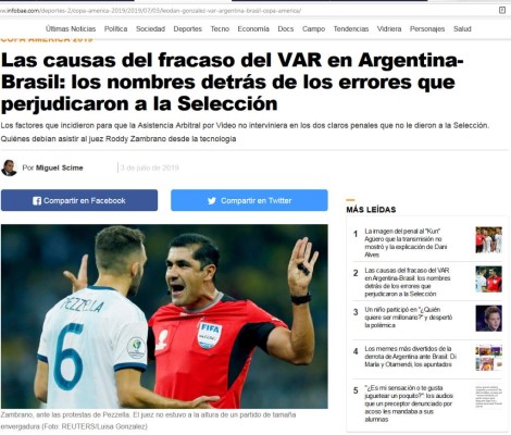 La prensa argentina culpa al árbitro de la derrota contra Brasil: 'SinVARgüenzas'&nbsp;&nbsp;
