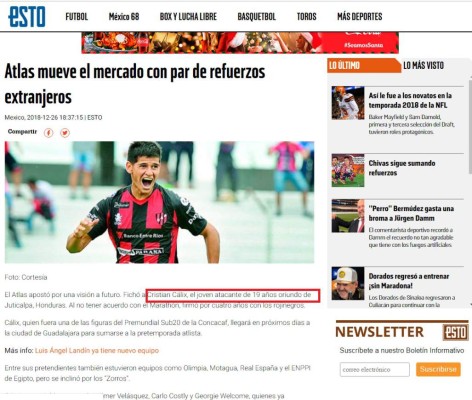Lo que dicen los medios mexicanos de Cristian Cálix al ser fichado por Atlas