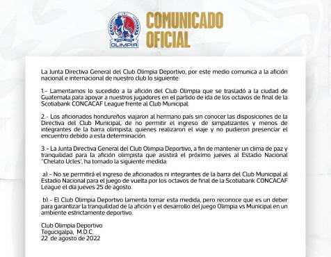 El comunicado íntegro lanzado por el Olimpia en tiempo y forma para evitar que quienes quieran viajar desde Guatemala a Honduras el jueves, no lo hagan.