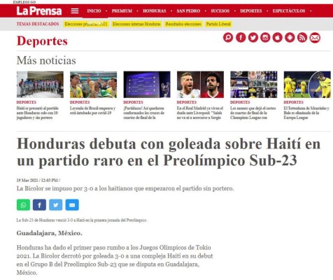 Lo que dicen los medios sobre el debut y victoria de Honduras ante Haití en el Preolímpico 2021