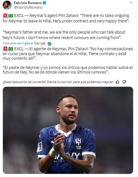 La postura de Neymar sobre dejar el Al Hilal de Arabia Saudita y fichar por el Santos, según Fabrizio Romano