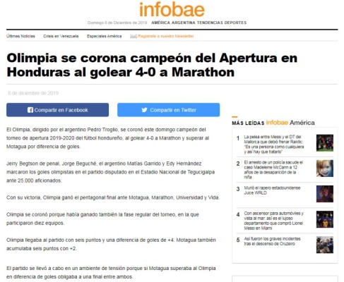 Reconocidos medios internacionales destacan título de Pedro Troglio en Honduras con Olimpia