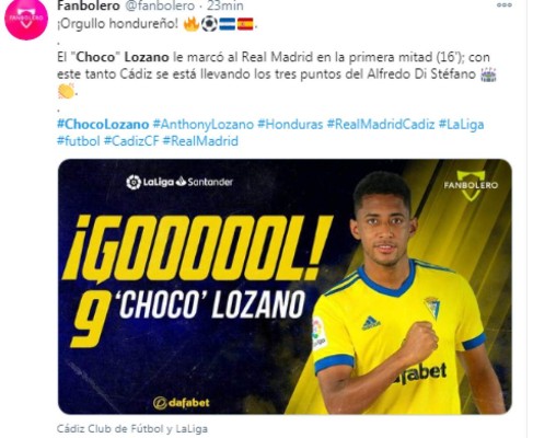 'San Choco Lozano': Lo que dicen en redes sociales tras el gol al Real Madrid con el Cádiz&nbsp;&nbsp;