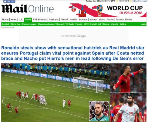 Prensa mundial se rinde a Cristiano Ronaldo tras maravilloso debut en Rusia 2018