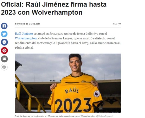 Lo que dice la prensa mundial sobre el fichaje de Raúl Jiménez: 'Histórico'