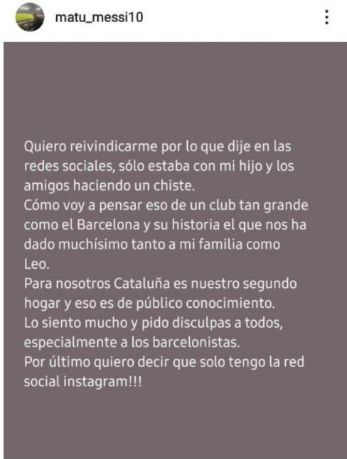 El mensaje de Matías Messi pidiendo perdón por sus palabras contra Barcelona.