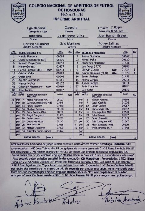 Acta arbitral de Saíd Martínez del juego Olancho - Marathón.