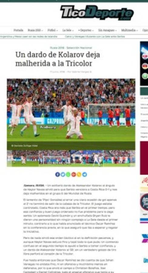 Prensa de Costa Rica: 'Se apaga la ilusión de los octavos en Rusia'