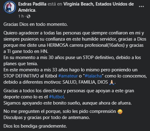 Esdras Padilla publicó en sus redes sociales su despedida del fútbol amateur.