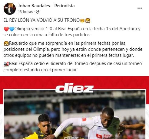 Así reaccionó la prensa hondureña al liderato de Olimpia y caída de Real España: el posteo de ESPN y del propio club albo