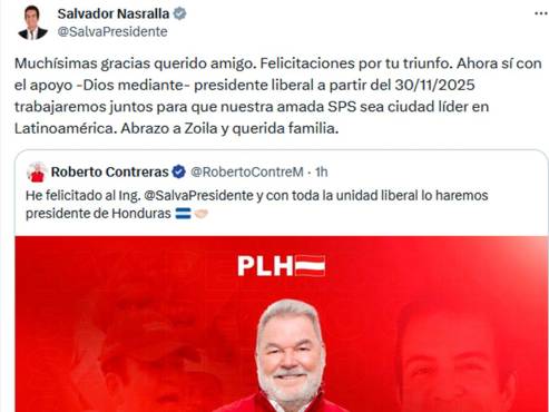 Este es el mensaje que le respondió Salvador Nasralla a Roberto Contreras donde se comprometieron a trabajar juntos en el Partido Liberal.
