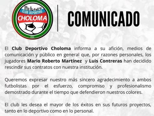 El comunicado que lanzó el CD Choloma tras las bajas oficiales de Mario Martínez y Luis Contreras.