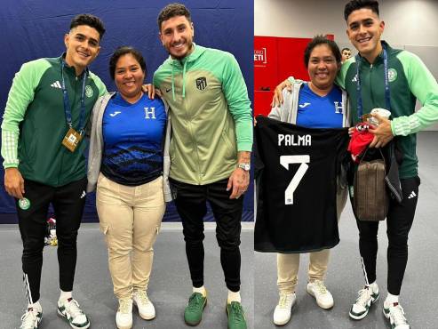 Luis Palma y José María Giménez con la hondureña Denia Cerrato en el camerino del Cívitas Metropolitano.