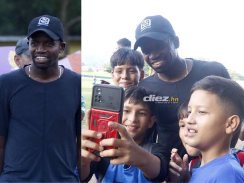 Boniek García compartió con los niños de Cofradía en el amistoso entre Lone FC vs Vida. FOTOS: Neptalí Romero.
