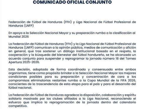 Comunicado oficial de la Liga Nacional de Honduras por la suspensión de la jornada 18 del Apertura 2025.