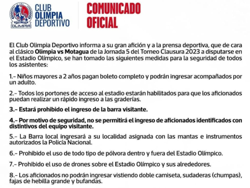 Olimpia confirma fuertes medidas de seguridad para el clásico ante Motagua en SPS, ¿ingresará la barra visitante?