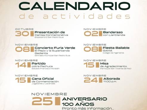 Calendario de actividades del centenario verdolaga.