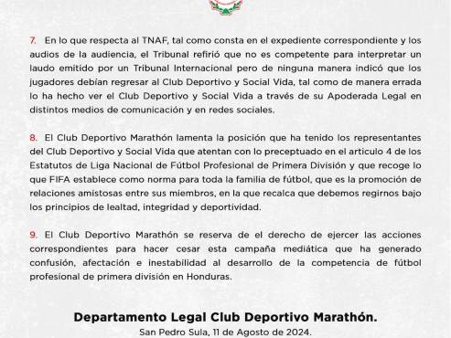 Más sobre el comunicado del Marathón en el torneo Apertura 2024 de la Liga Nacional de Honduras.
