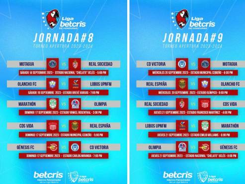 Así se jugarán las jornada 8 y 9 del torneo Apertura 2023 de la Liga Nacional de Honduras.