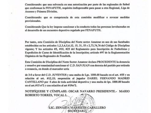 La denuncia de la Juventus de Roatán fue declarada procedente a su favor por la irregularidad en la inscripción del futbolista del San Juan.