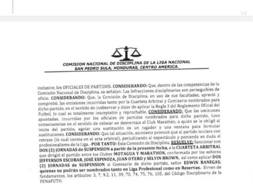 El castigo de la Comisión de Disciplina después del Motagua vs Marathón.