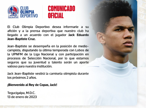 El comunicado oficial del fichaje de Jean Baptiste por Olimpia.