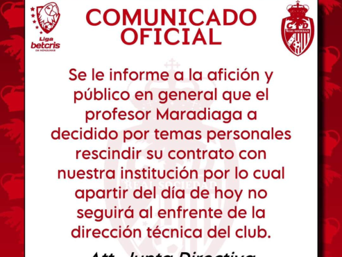 El comunicado oficial de la salida de Primitivo Maradiaga de la Real Sociedad de Tocoa.
