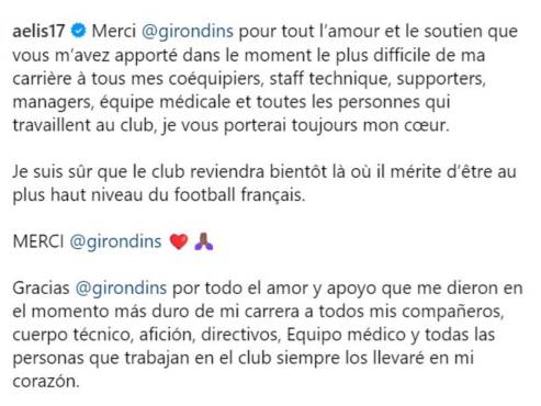 Alberth Elis y su mensaje de despedida oficial con el Girondins de Burdeos.