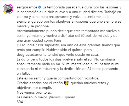 Sergio Ramos rompe el silencio tras quedar fuera del Mundial: “Lo veré desde casa, desgraciadamente”