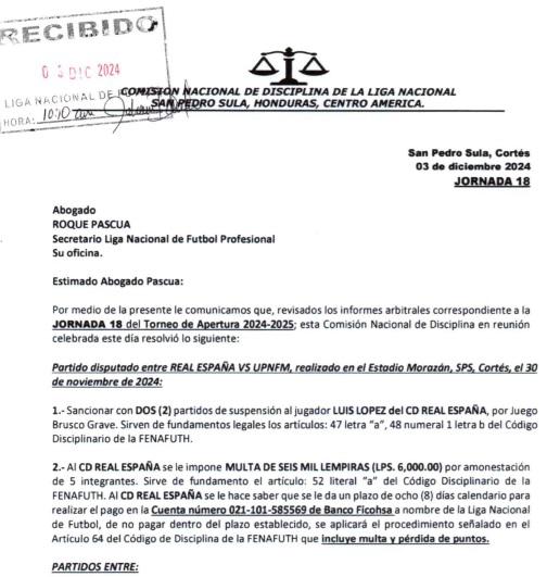 Real España recibe duro revés de la Comisión de Disciplina: ¡figura de “La Máquina” se pierde el repechaje!
