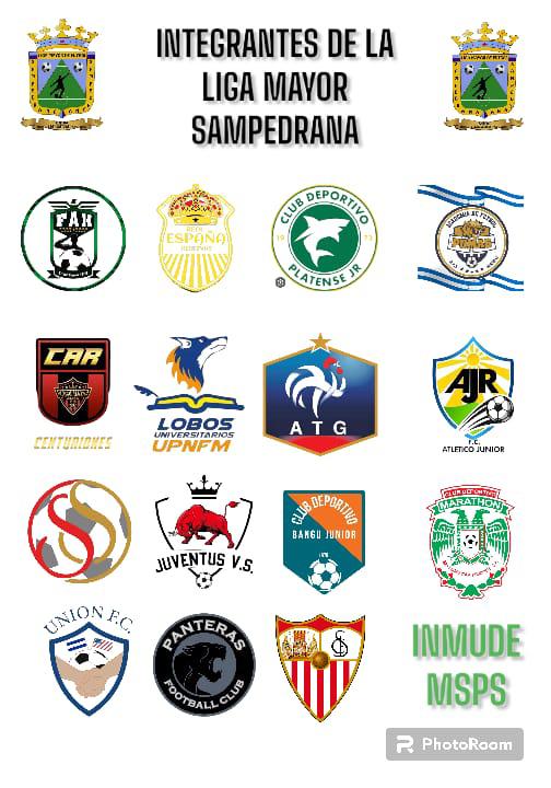Los escudos de los 16 clubes que compiten en la Liga Mayor Sampedrana (Tercera División).
